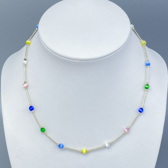 New Sterling Silver 925 Multicolor Synthetic Cat's Eye Beaded Necklace 15.5" - Picture 1 of 4